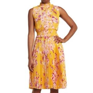 Nanette Lepore yellow pleated sleeveless floral midi dress